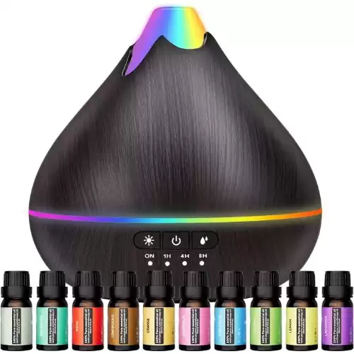 Essential Oil Diffusers 550ml Diffuser ,10 Essential Oils Diffuser Gift Set,Advanced Ceramic Ultrasonic Technology Aromatherapy Diffusers Auto Shut-Off for 15 Ambient Light Settings（Black）