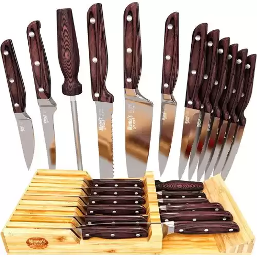 Mama's Great 12 Piece Kitchen Knife Set with Bamboo Drawer Organizer Insert - High Carbon Stainless Steel Fillet Knife, Chef Knife, Bread Knife, Utility Knife, Paring Knife, Steak Knives & Ho...