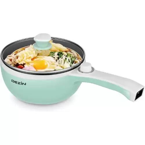 Dezin Electric Hot Pot Upgraded, Non-Stick Sauté Pan, Rapid Noodles Cooker, 1.5L Mini Pot for Steak, Egg, Fried Rice, Ramen, Oatmeal, Soup with Power Adjustment (Egg Rack Included)