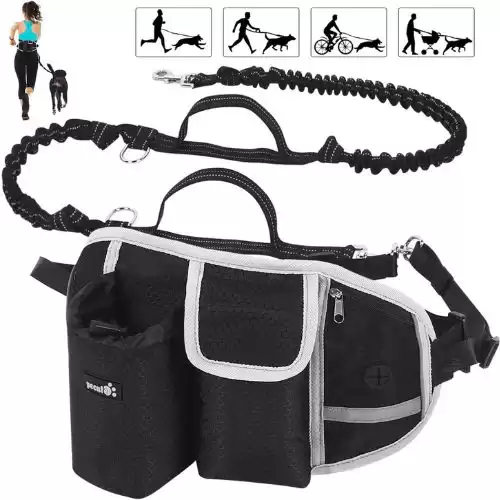 Pecute Hands Free Dog Leash, Running Leash for Dogs with 2 Shock-Absorbing Bungees & 2 Handles, Dog Walking Belt with Padded Back, Multi Pouches, Reflective Waist Leash for Dog Walking Running Hik...