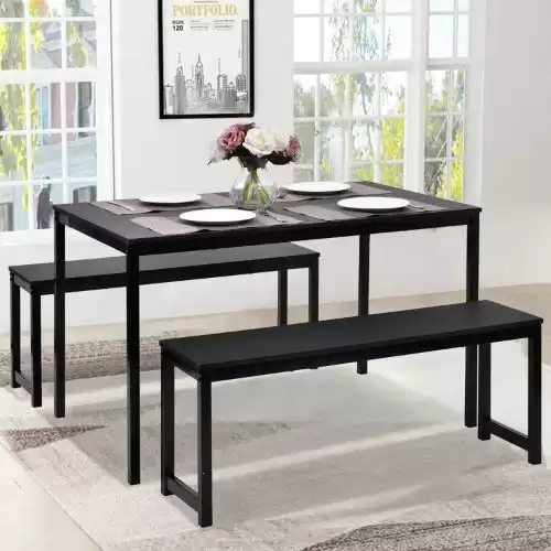 3 Piece Dining Table Set, Modern Style Wood Table Top Dining Table Set with Bench and Metal Frame, Breakfast Nook Dining Room Set, Dining Set for 4, Kitchen Living Dining Room Furniture, Black, W13612