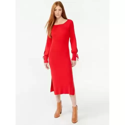 Free Assembly Women's Tie Back Sweater Midi Dress with Blouson Sleeves