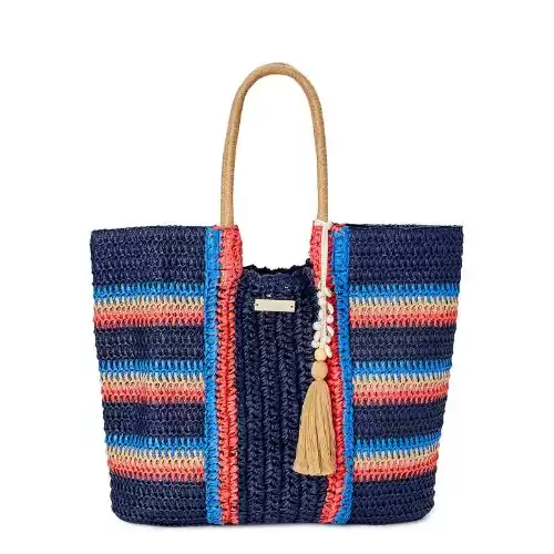 Time and Tru Women's Raffia Bondi Tote Bag Dark Navy Americana